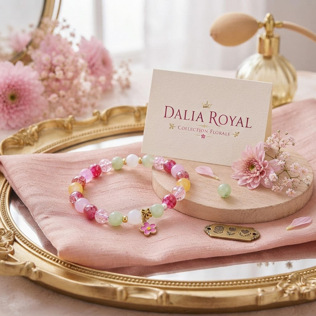 Bracelet fantaisie en perles vertes, roses , blanches etc- Dalia royale -