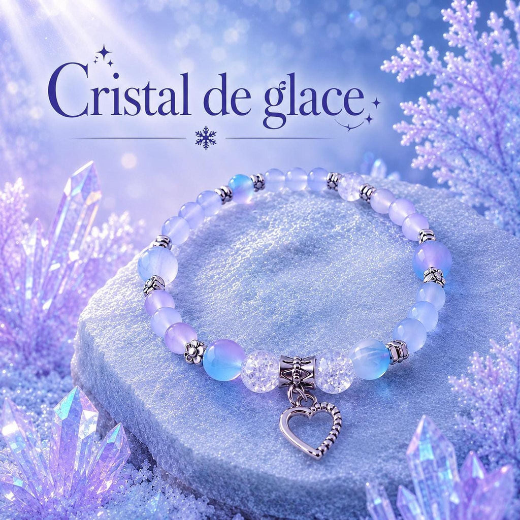 Bracelet fantaisie en Perles Blanc Bleu et Pendentif Cœur - "Cristal de glace" -