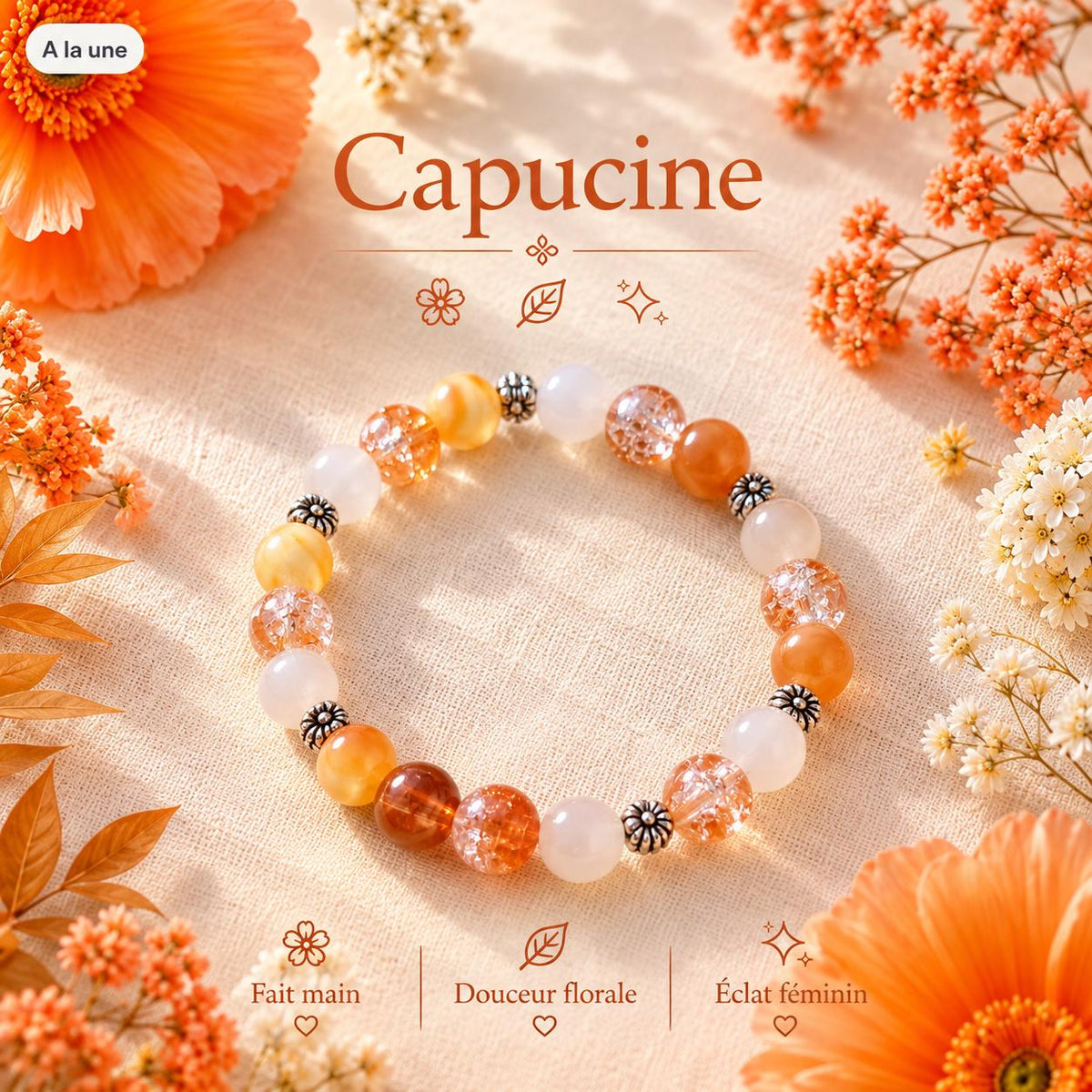Bracelet Fantaisie Femme Orange, Fil Élastique Capucine - Collection Florale
