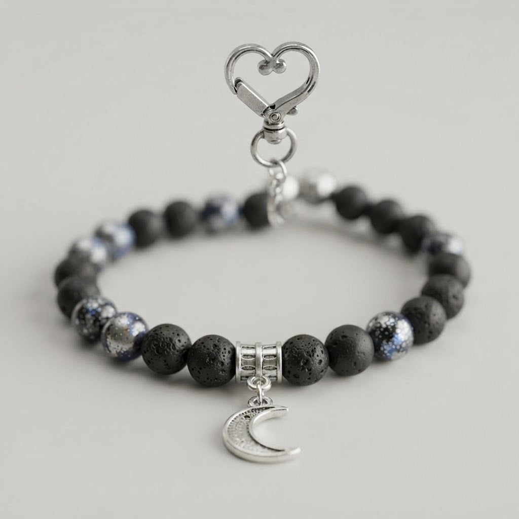 Ensemble bracelet en pierres fantaisie et porte-clé assorti - tons noirs & argenté - breloque lune  Nuit étoilée -