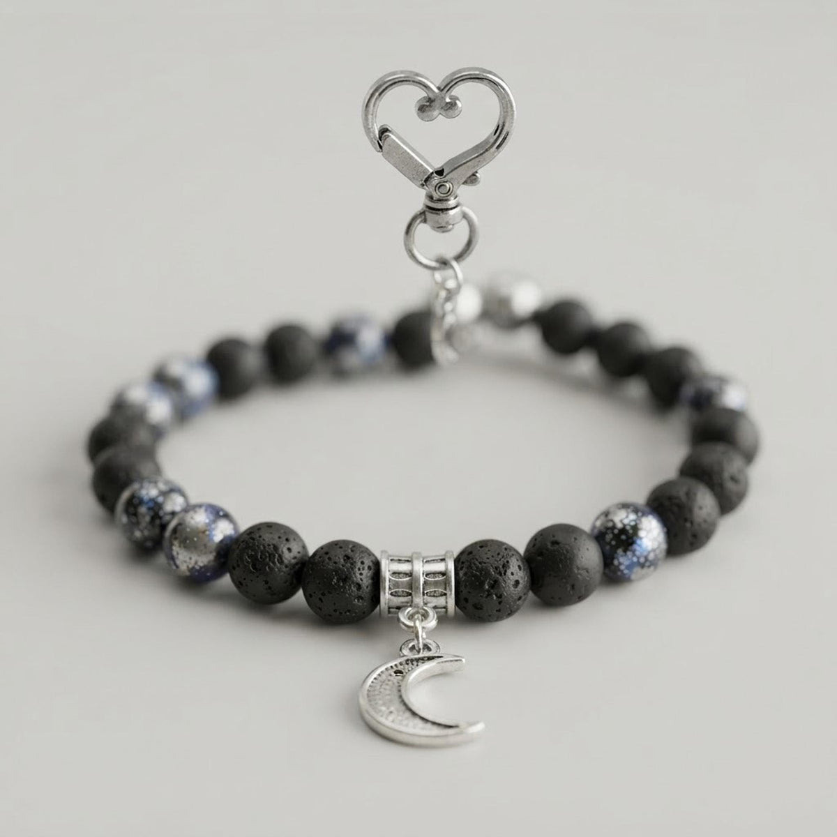 Ensemble bracelet en pierres fantaisie et porte-clé assorti - tons noirs & argenté - breloque lune  Nuit étoilée -