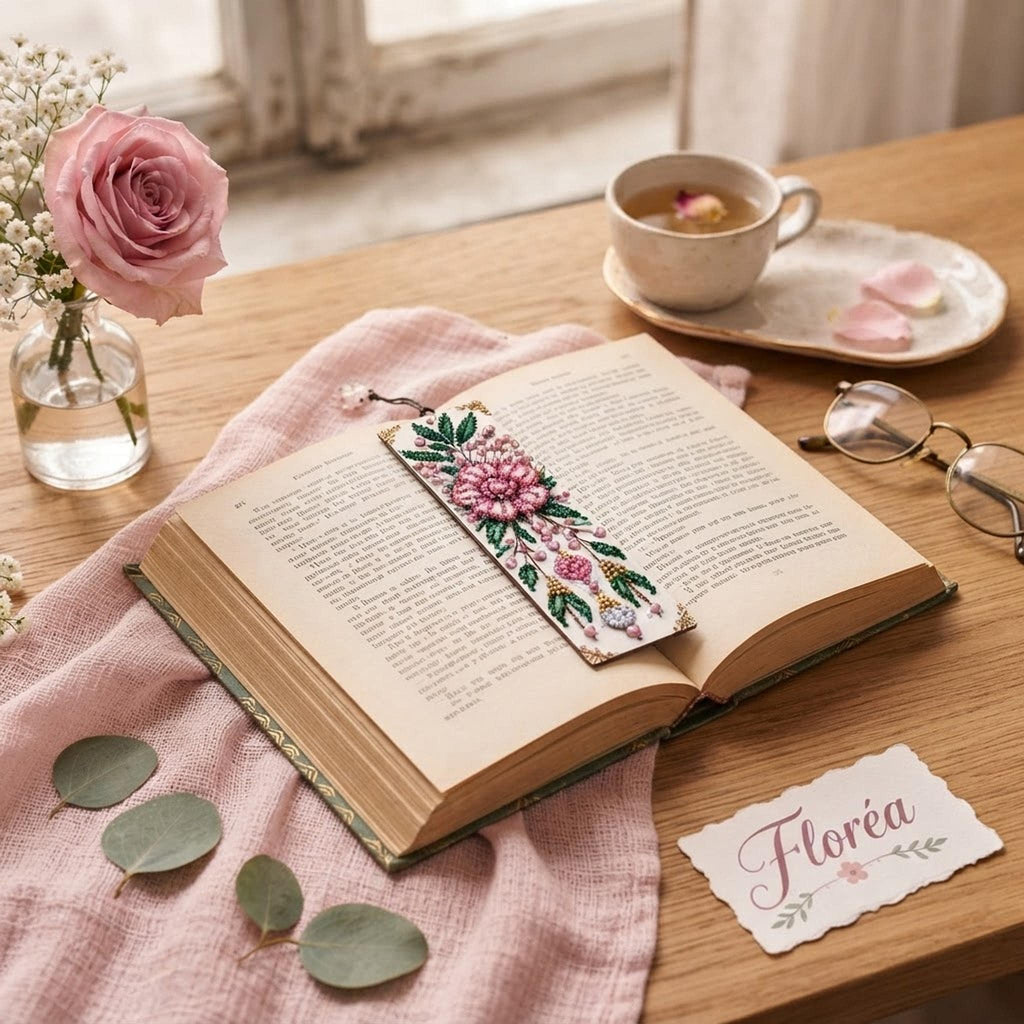 Marque Page Floral Rose et Vert, Détails Dorés en Diamant Painting