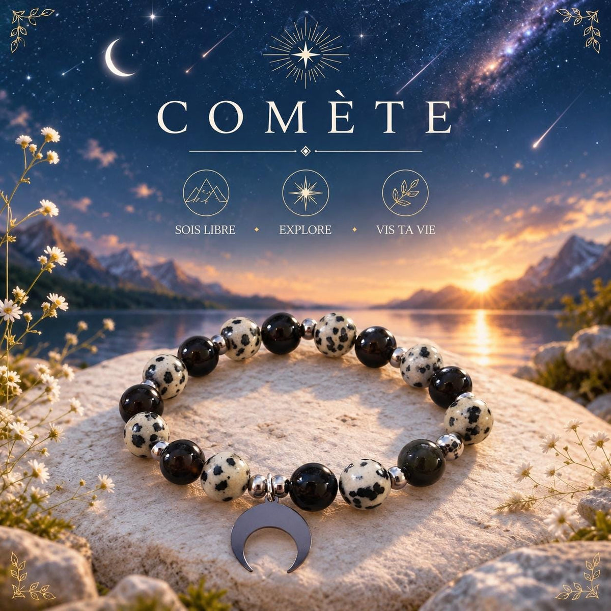 Bracelet en pierres naturelles d'Obsidienne noire & Jaspe Dalmatien - Lithothérapie - comète -