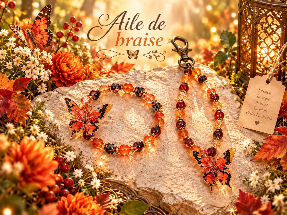 Ensemble bracelet et grigri de sac - couleurs différents rouges  avec papillon - Aile de Braise -