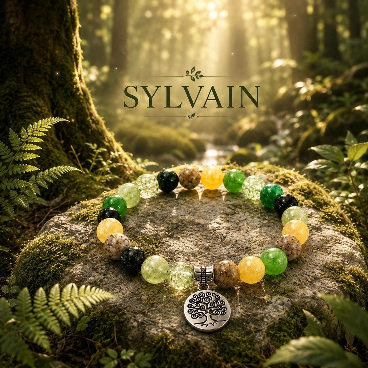 Cadeau femme, bracelet fantaisie à perles vertes, jaunes et orangées, arbre de vie