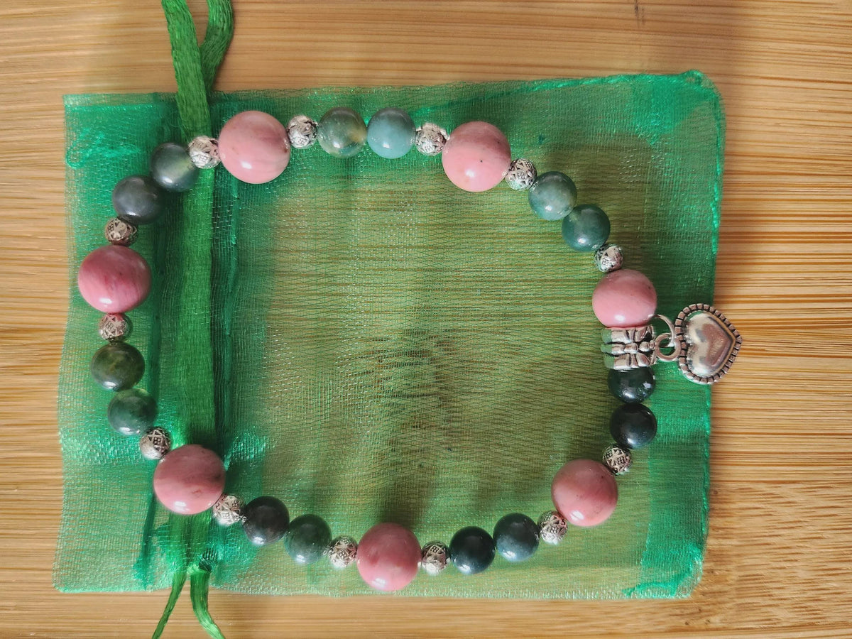 Bracelet Pierres Naturelles Agate Mousse et Rhodonite, 17 cm avec Charm Cœur