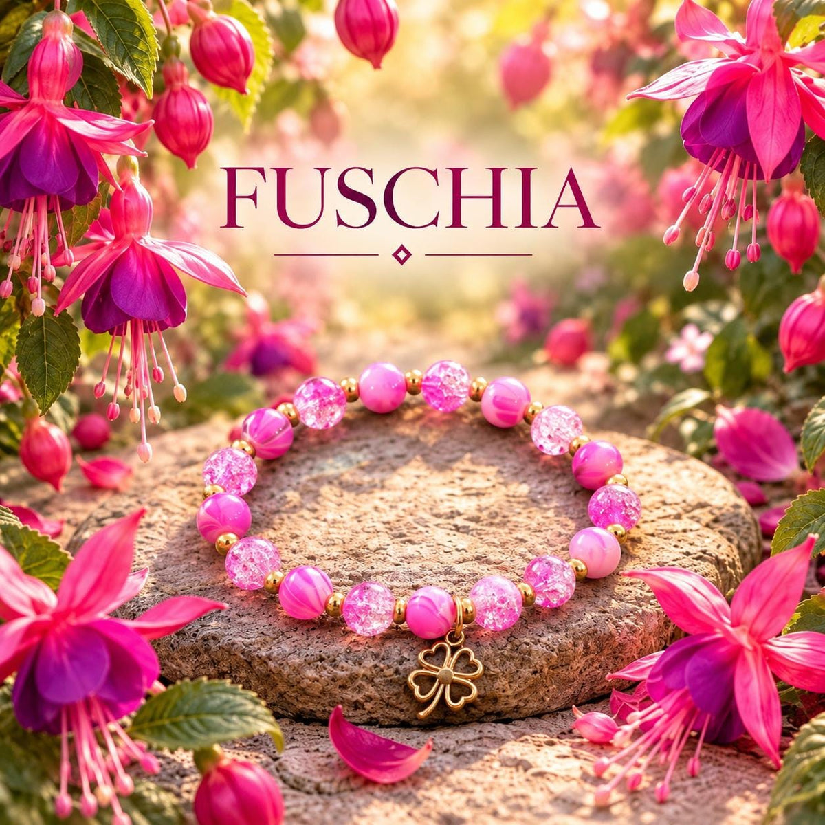 Bracelet Fantaisie en perles Rose, Élastique avec Trèfle Doré - Fuchsia -