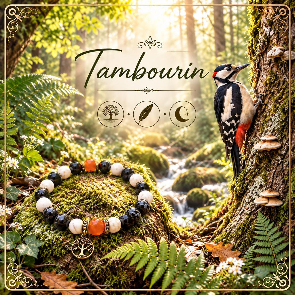 Bracelet en Perles Noires, Blanches et Rouges, Pendentif Arbre Doré