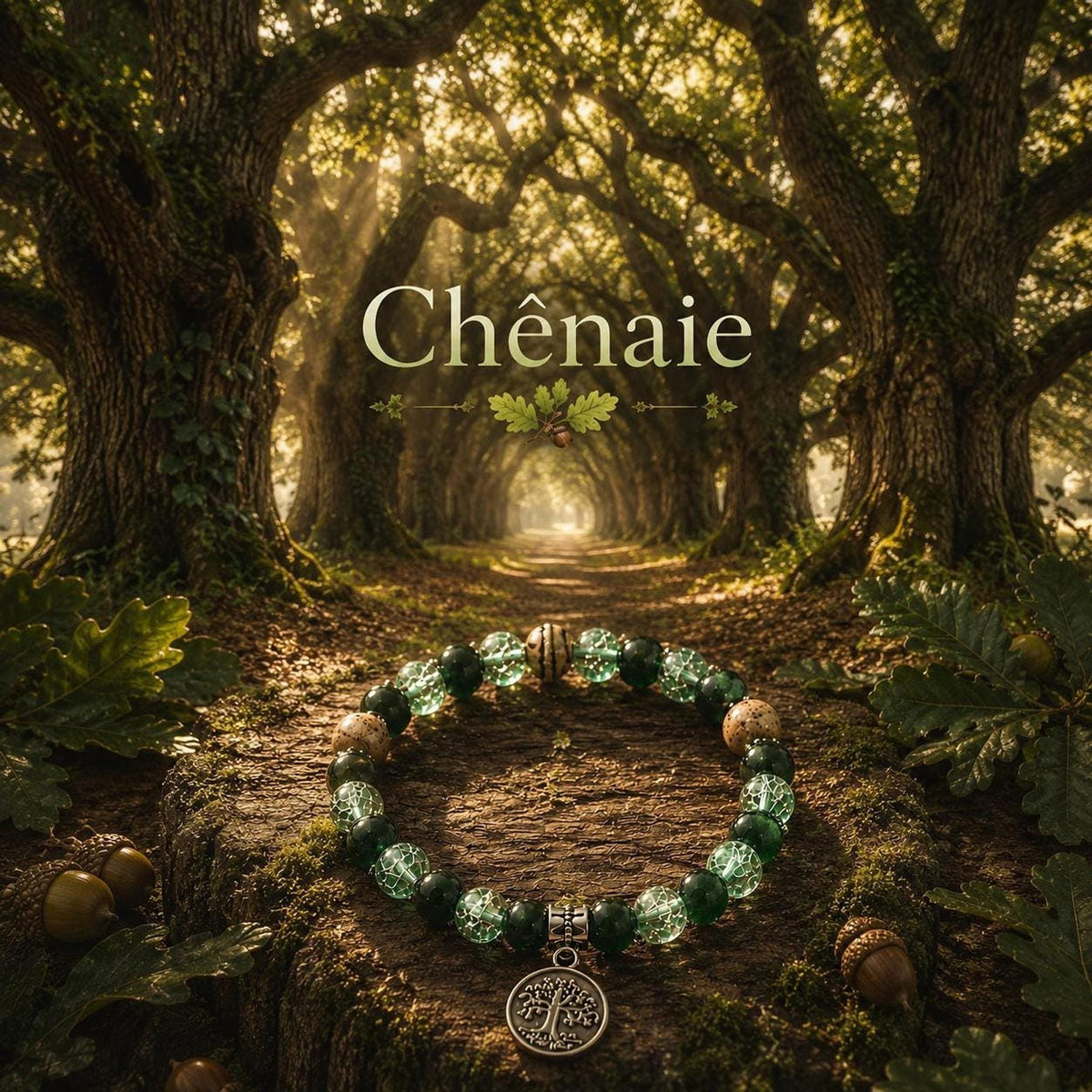 Cadeau femme, bracelet nature en perles vertes, brunes et beiges avec breloque arbre