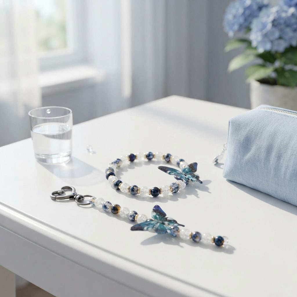 Ensemble Bracelet Porte Clé, Perles Bleu Blanc et Papillons Azur - "Ailes d'azur -