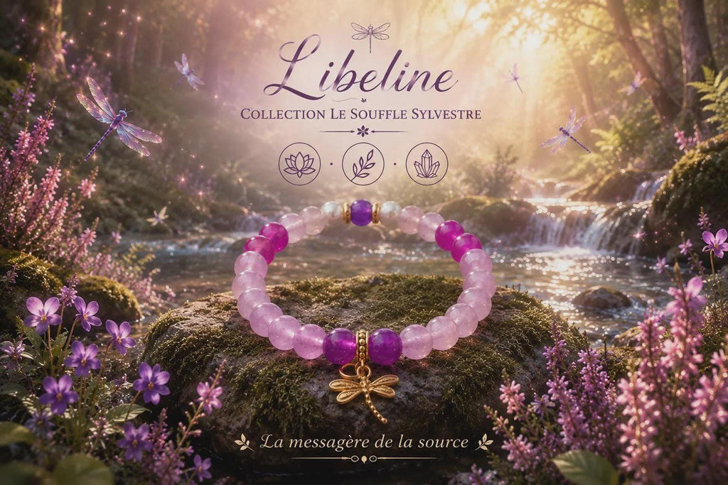 Bracelet en perles roses et violettes avec breloque libellule dorée -