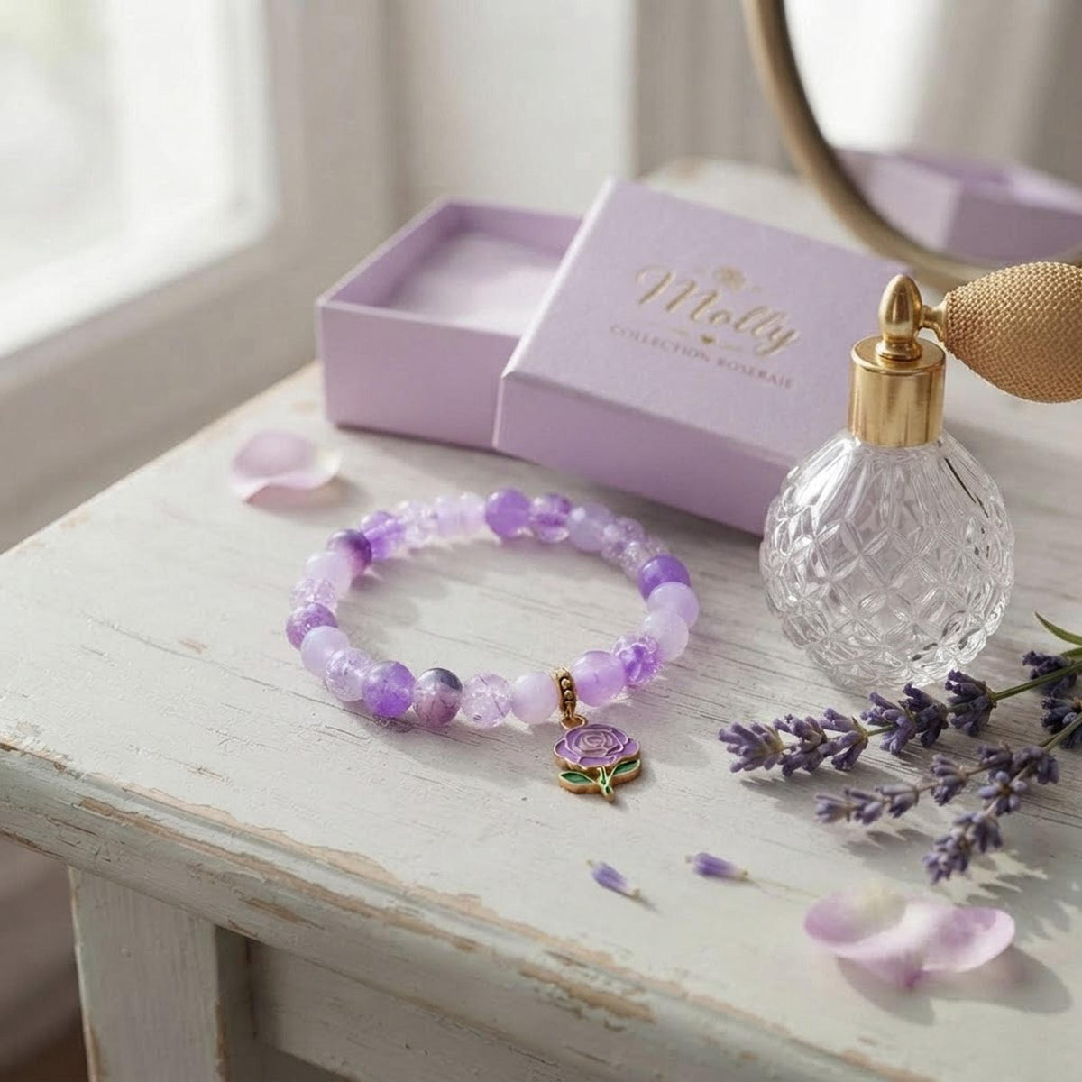 Bracelet Fantaisie en perles Violet et Rose avec Charm Doré - Molly -