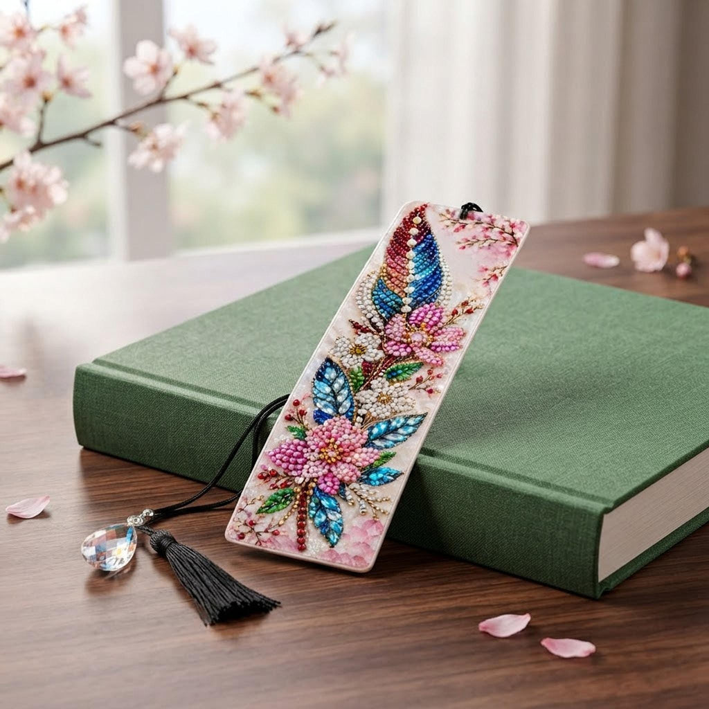 Marque-Page Floral en Diamond Painting, Fleurs Roses et Pendentif Facetté - "Nacélia " -