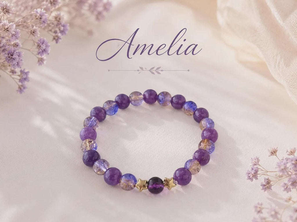 Bracelet fantaisie violet, perles colorées et deux étoiles dorées, 15,5 cm
