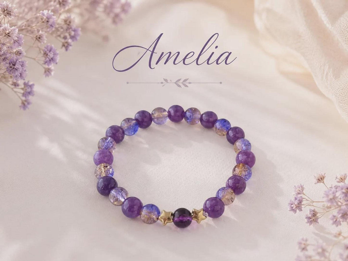 Bracelet fantaisie violet, perles colorées et deux étoiles dorées, 15,5 cm