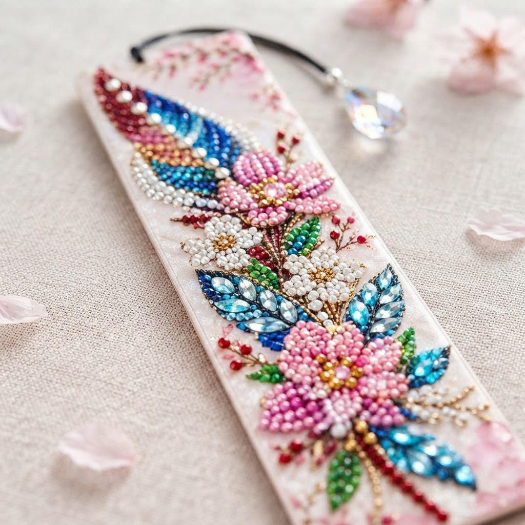 Marque-Page Floral en Diamond Painting, Fleurs Roses et Pendentif Facetté - "Nacélia " -