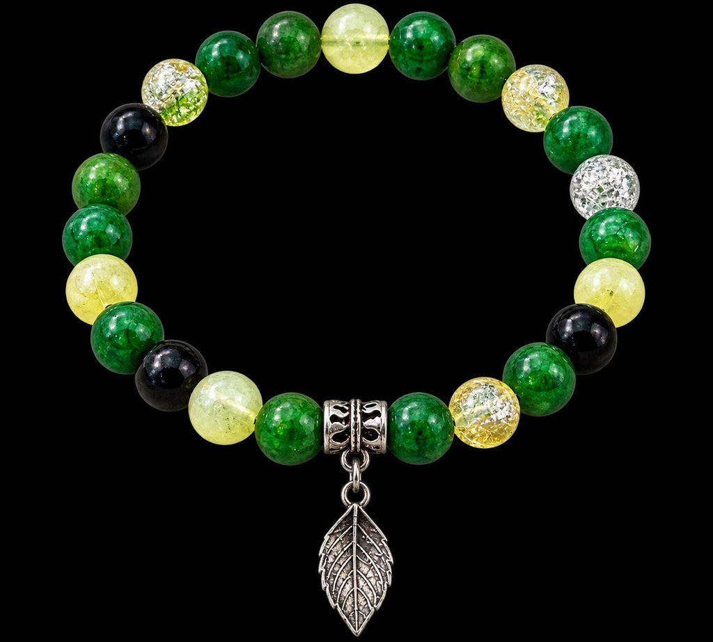 Bracelet Vert Jaune, Perles Colorées et Breloque Feuille
