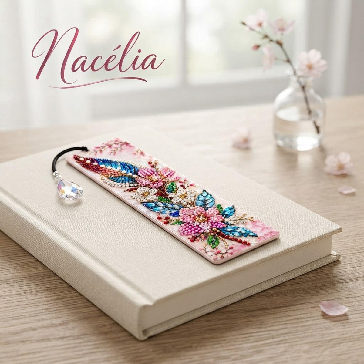 Marque-Page Floral en Diamond Painting, Fleurs Roses et Pendentif Facetté - "Nacélia " -