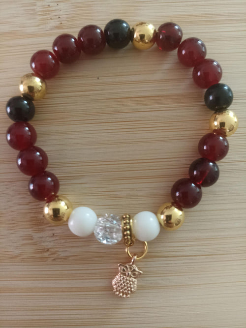 Bracelet artisanal rouge et noir, perles multicolores avec breloque hibou doré, 15 cm