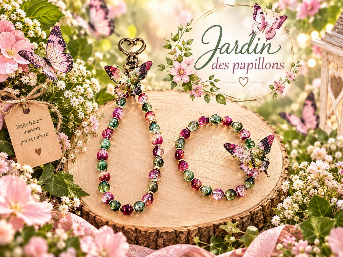 Ensemble Bracelet Porte Clés, Perles Colorées et Décorations Papillon - "Jardin des papillons -