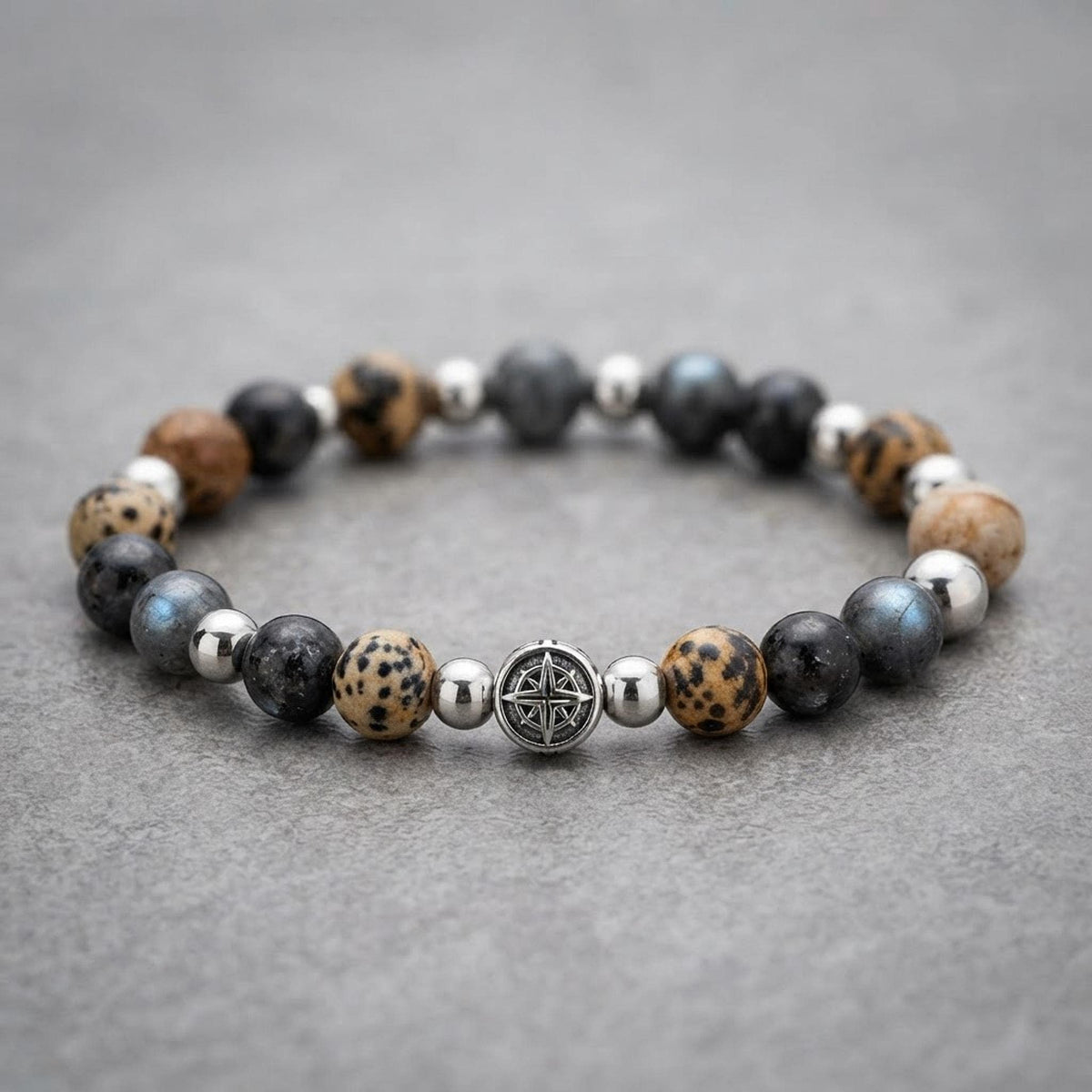 Bracelet homme en pierres naturelles de jaspe paysage  & larvikite - "Silex" -