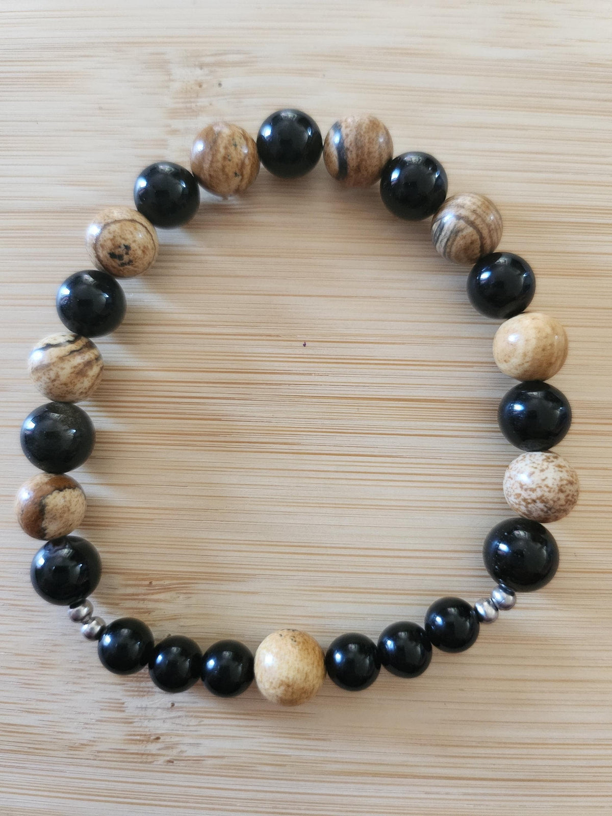 Bracelet pierres naturelles en  obsidienne noire et jaspe paysage - Lithothérapie - Sirocco -