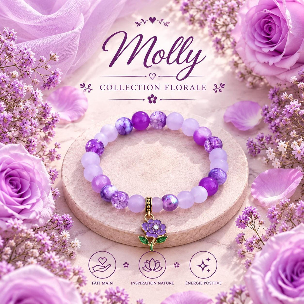 Bracelet Fantaisie en perles Violet et Rose avec Charm Doré - Molly -