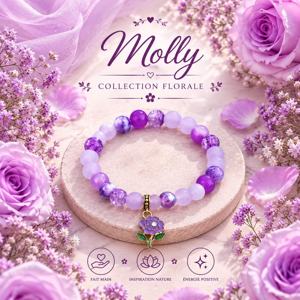 Bracelet Fantaisie en perles Violet et Rose avec Charm Doré - Molly -