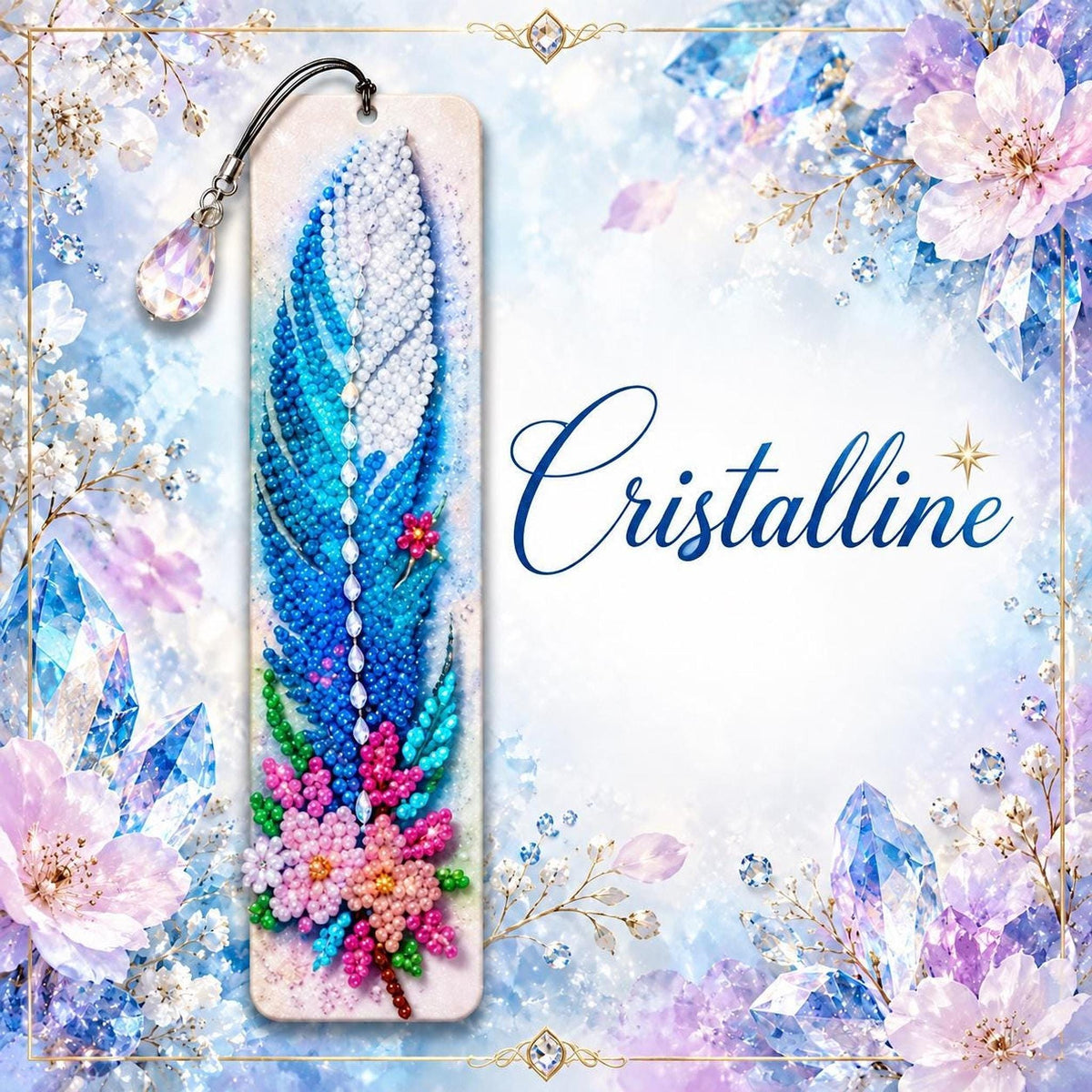 Marque-Page Diamond Painting, Plume Bleue Et Blanche Scintillante - Cristalline -