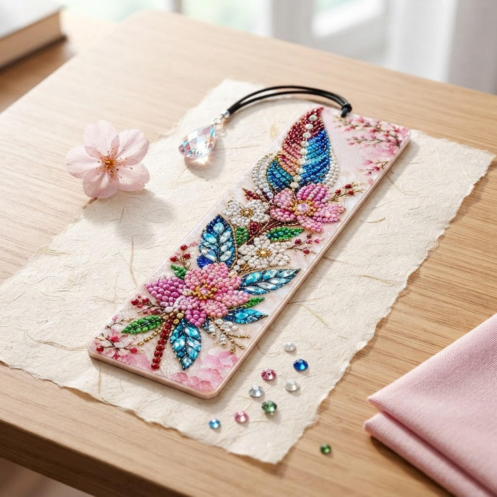 Marque-Page Floral en Diamond Painting, Fleurs Roses et Pendentif Facetté - "Nacélia " -