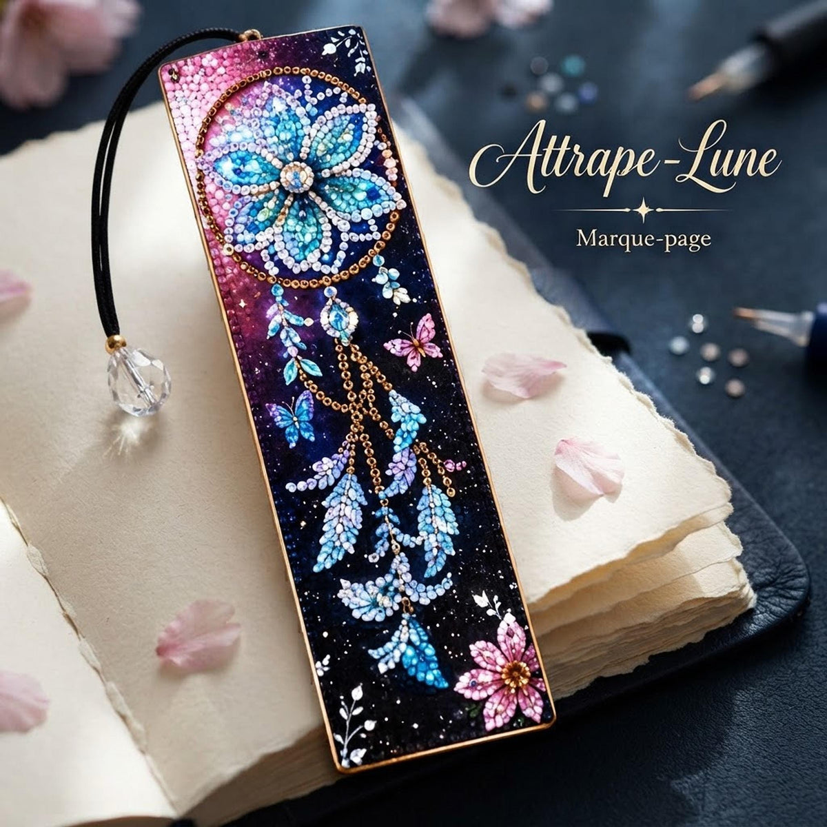 Marque-Page en Diamond Painting Scintillant avec Cristaux Bleus - "Attrape Lune -