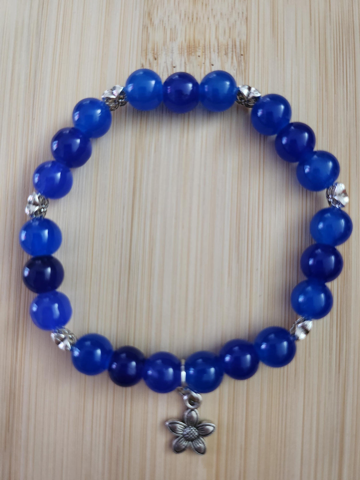 Duo bracelet stylo, perles bleues et pendentif fleur argenté - Bleu-et
