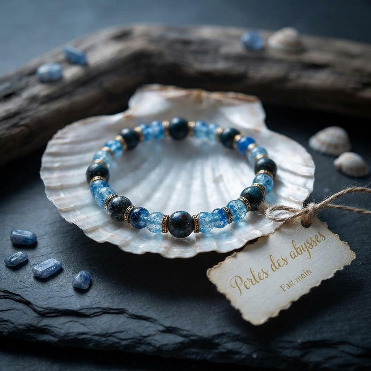 Bracelet fantaisie en  Perles Bleu Profond, et Intercalaires Dorés - Perles des Abysses -