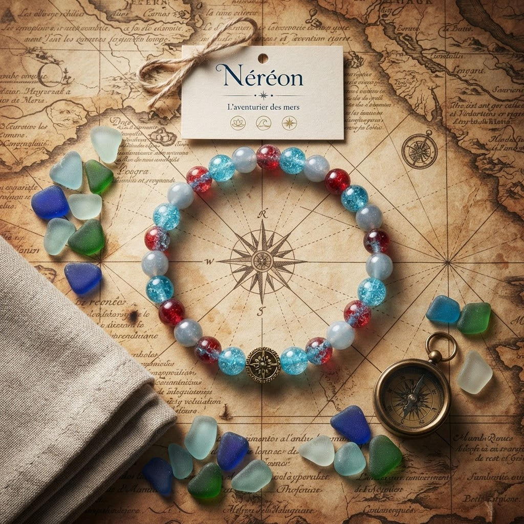 Bracelet  Bleu, Perles en Verre et Rose des Vents - "Néréon" -