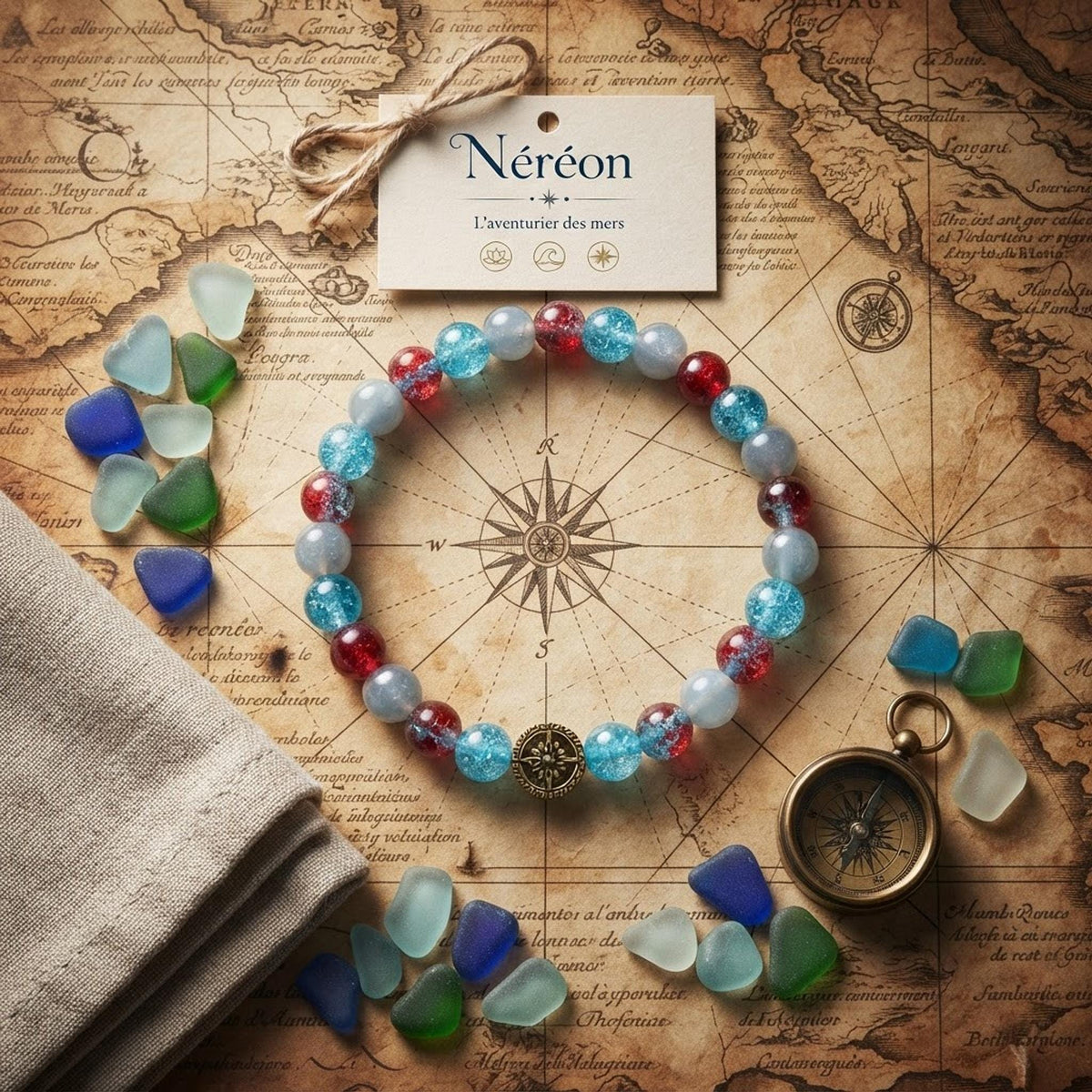 Bracelet  Bleu, Perles en Verre et Rose des Vents - "Néréon" -