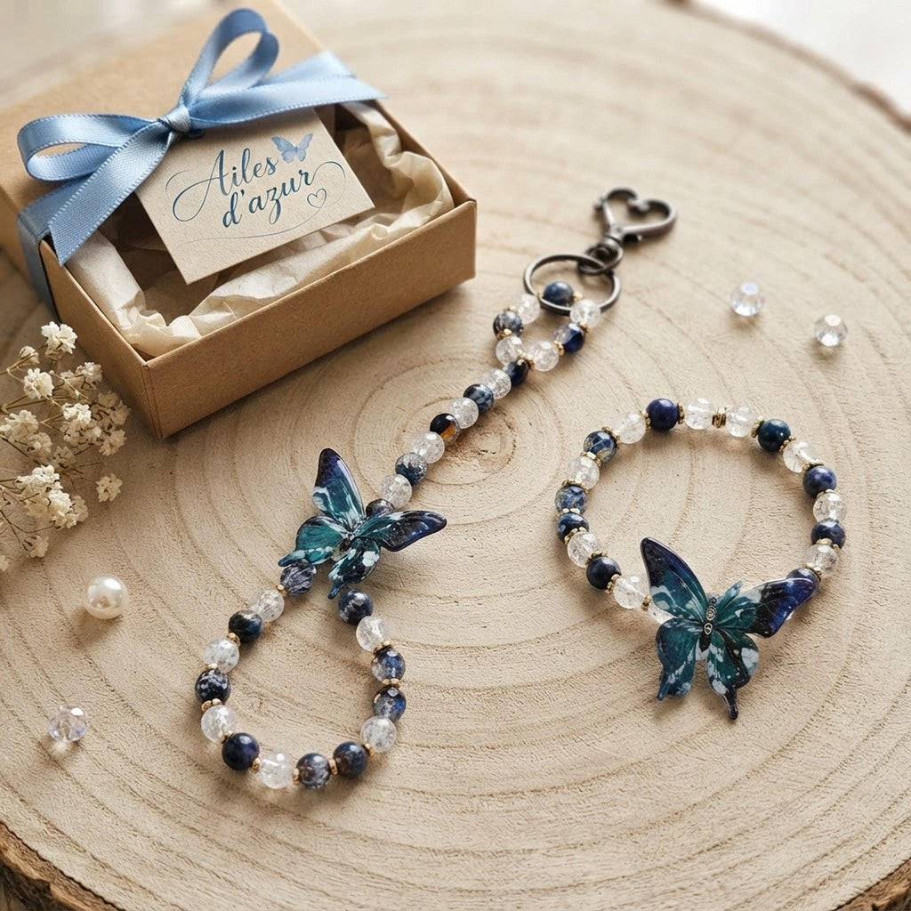Ensemble Bracelet Porte Clé, Perles Bleu Blanc et Papillons Azur - "Ailes d'azur -
