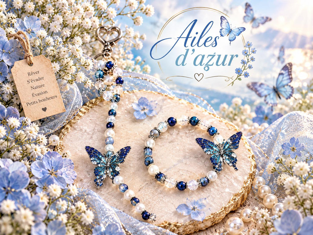 Ensemble Bracelet Porte Clé, Perles Bleu Blanc et Papillons Azur - "Ailes d'azur -