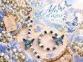 Ensemble Bracelet Porte Clé, Perles Bleu Blanc et Papillons Azur - "Ailes d'azur -