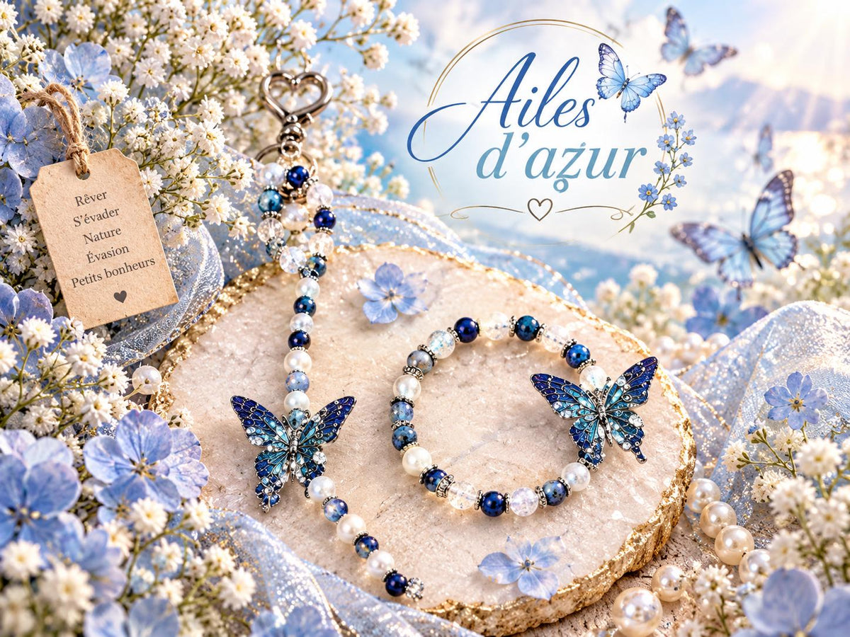 Ensemble Bracelet Porte Clé, Perles Bleu Blanc et Papillons Azur - "Ailes d'azur -