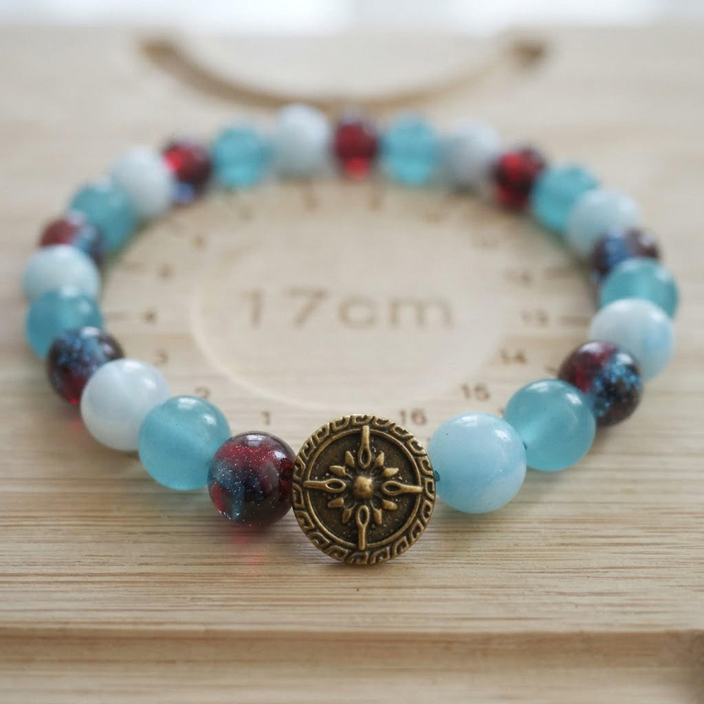 Bracelet  Bleu, Perles en Verre et Rose des Vents - "Néréon" -
