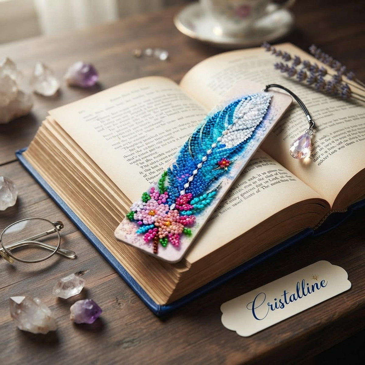 Marque-Page Diamond Painting, Plume Bleue Et Blanche Scintillante - Cristalline -