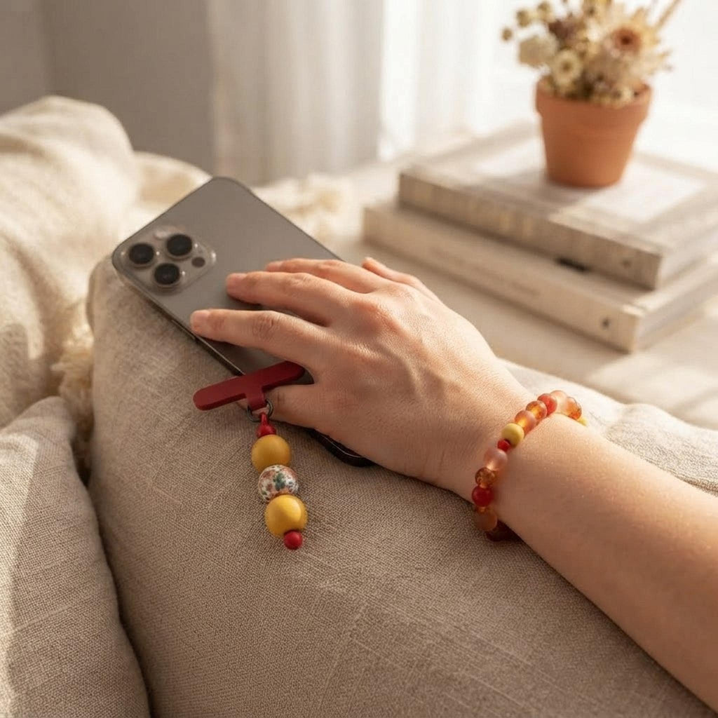 Ensemble bracelet et charm de téléphone dans les mêmes tons de orange & jaune - Feu de Miel -