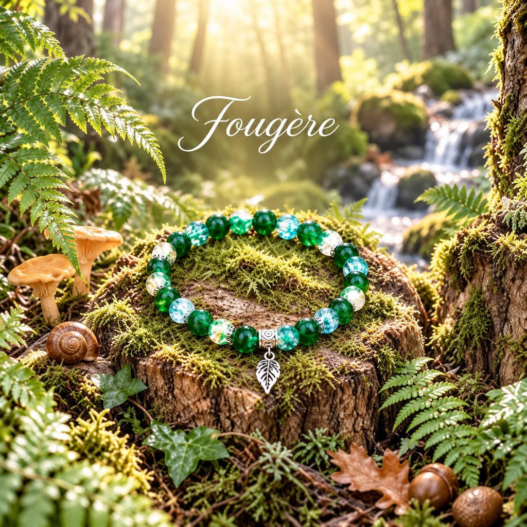 Bracelet en perles vertes et bleutées avec breloque feuille,