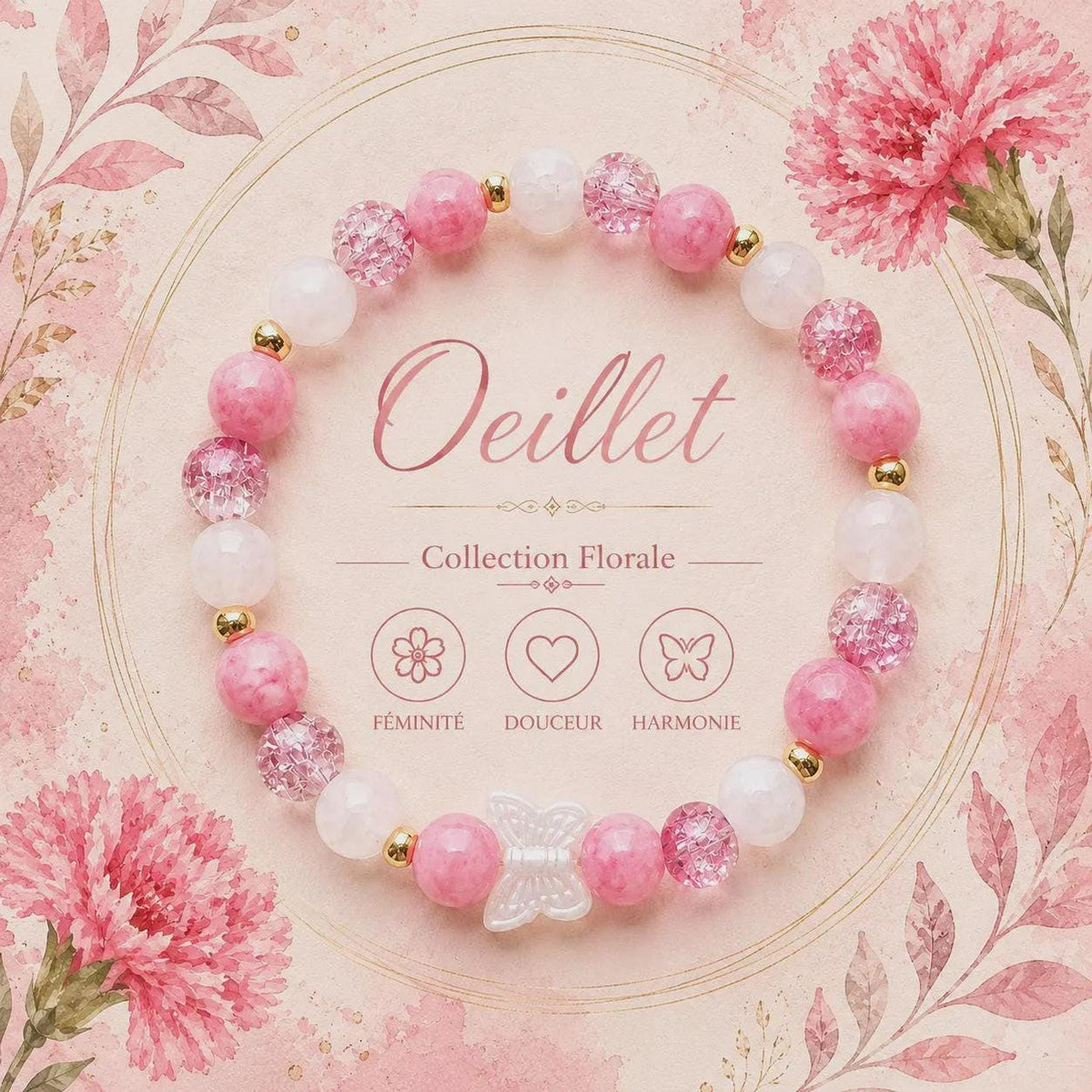 Bracelet fantaisie en  Perles Roses et Papillon Central - Œillet -