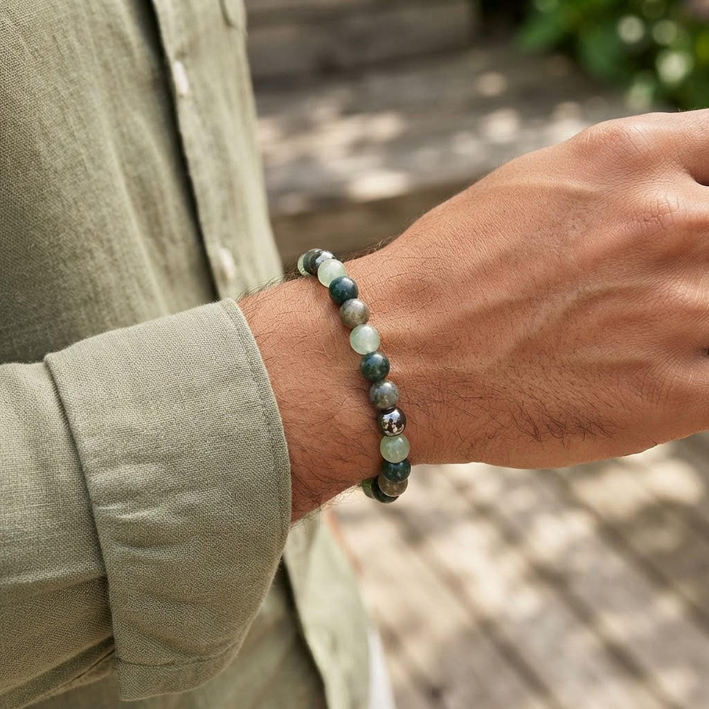 Bracelet Pierres Naturelles Homme Vert, Aventurine Labradorite Agate Mousse 17 cm