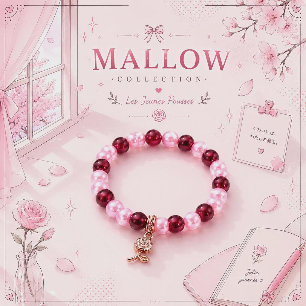 Bracelet artisanal Mallow, perles roses et bordeaux, breloque florale