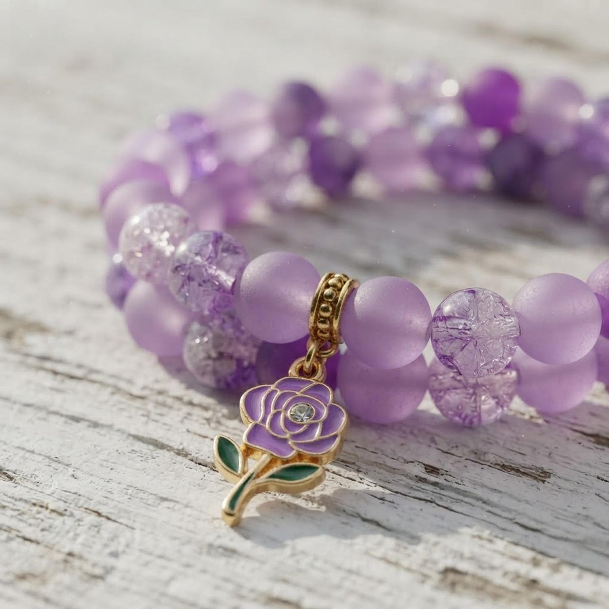 Bracelet Fantaisie en perles Violet et Rose avec Charm Doré - Molly -