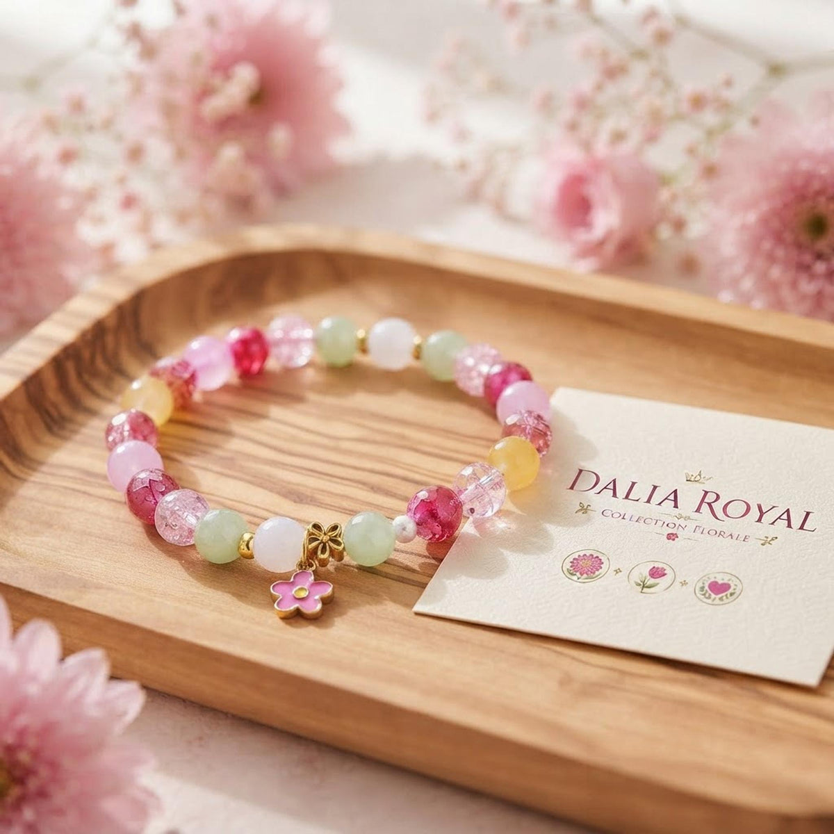 Bracelet fantaisie en perles vertes, roses , blanches etc- Dalia royale -