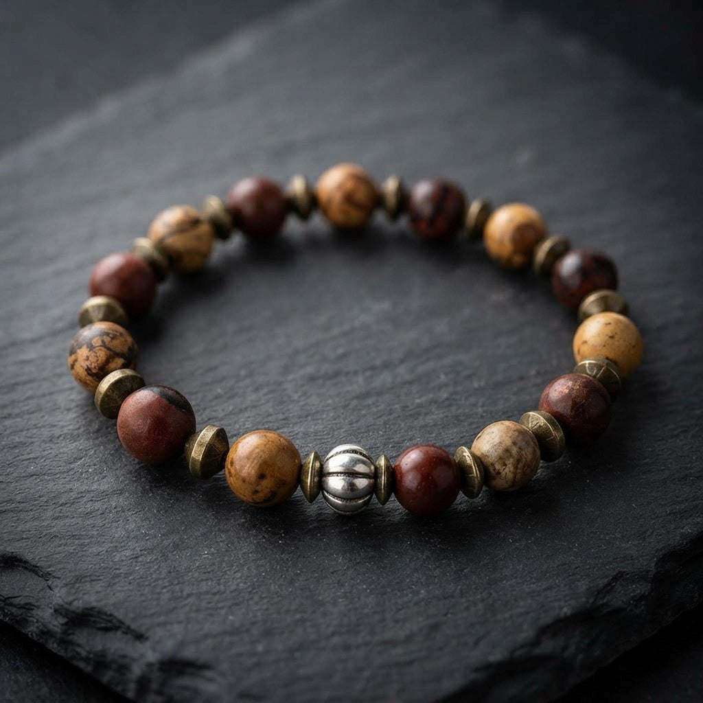 Bracelet homme en pierres naturelles de jaspe paysage & obsidienne acajou - "Terre de Feu" -