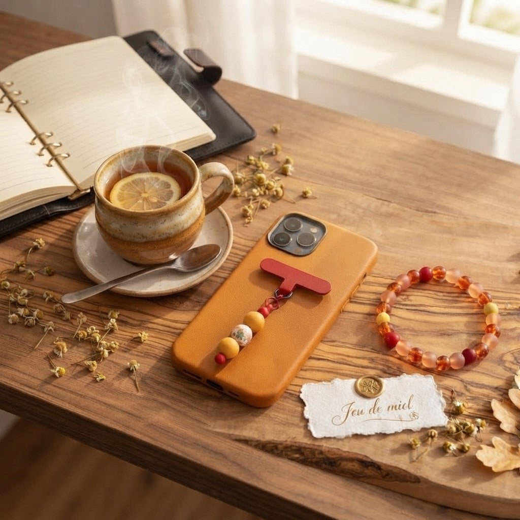 Ensemble bracelet et charm de téléphone dans les mêmes tons de orange & jaune - Feu de Miel -